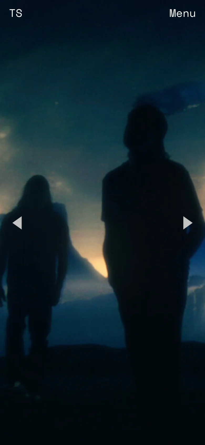 The mobile version shows a vertically cropped version of the cinematic silhouette image, focusing more closely on the central figure. The header is simplified with the initials 'TS' on the left and 'Menu' on the right, and navigation arrows are centered on the sides of the screen.