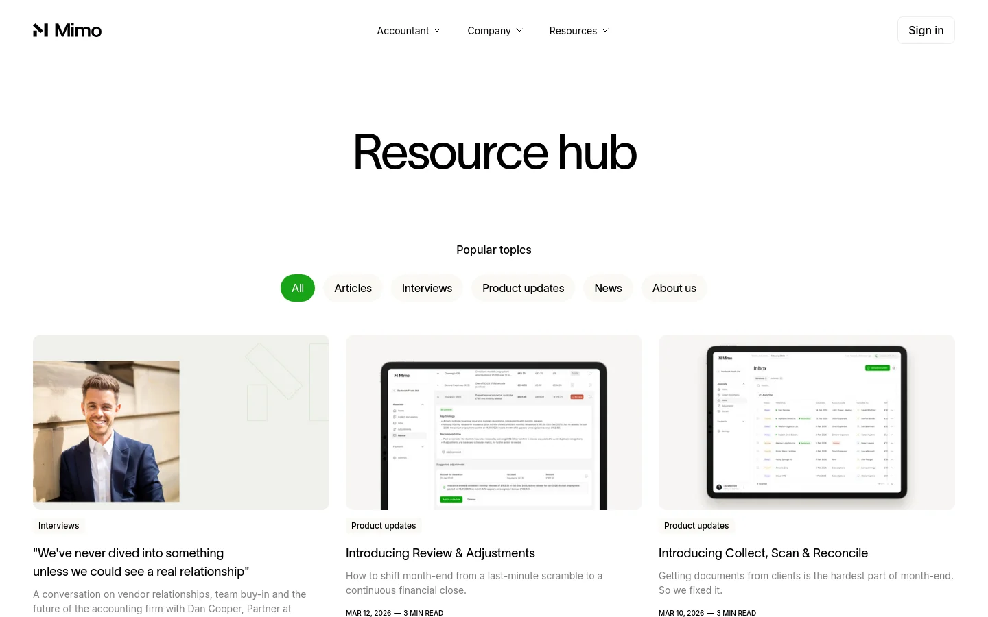 The desktop Resource Hub page features a clean, white layout with a large 'Resource hub' headline and a horizontal row of pill-shaped category filters like 'All', 'Articles', and 'Interviews'. Below the filters, a grid of blog posts displays large rectangular images, category labels, bold headlines, and brief descriptions. The navigation bar at the top includes the Mimo logo and dropdown menus for Accountant, Company, and Resources, alongside a 'Sign in' button.