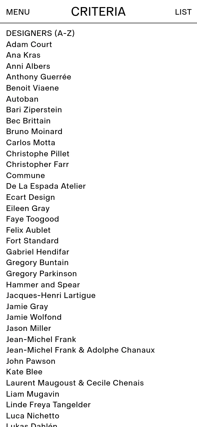 The mobile version simplifies the layout into a single vertical column, focusing on the 'DESIGNERS (A-Z)' list for easier scrolling. The header is condensed with 'MENU' on the left, 'CRITERIA' in the center, and 'LIST' on the right, maintaining the minimalist black-and-white color scheme.