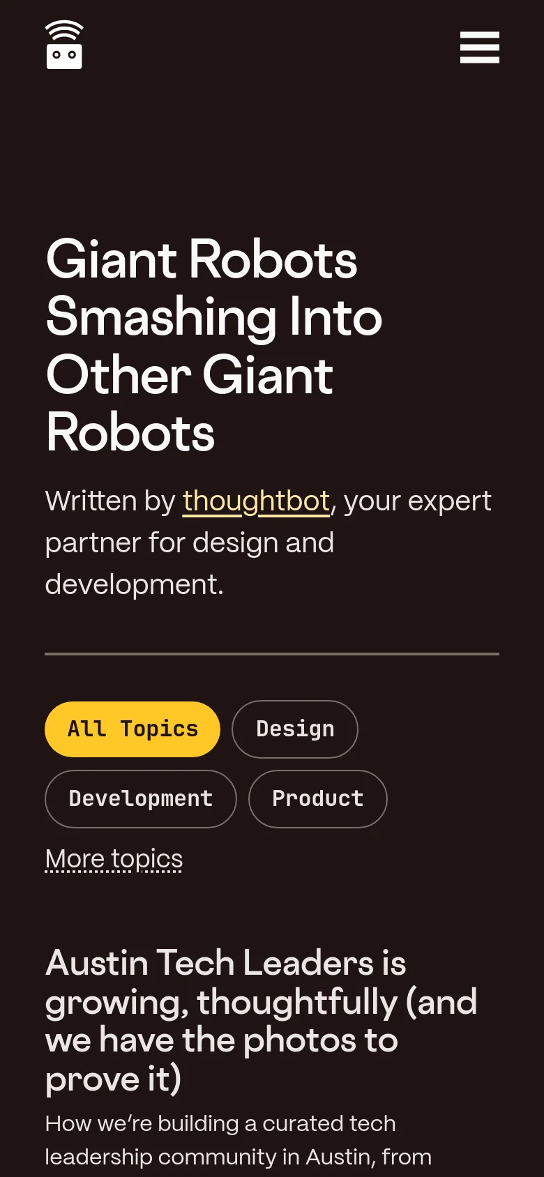 The mobile version maintains the dark theme and large typography but uses a stacked layout. The navigation is condensed into a hamburger menu icon, and the category buttons are arranged in a multi-line grid to fit the narrower screen width.