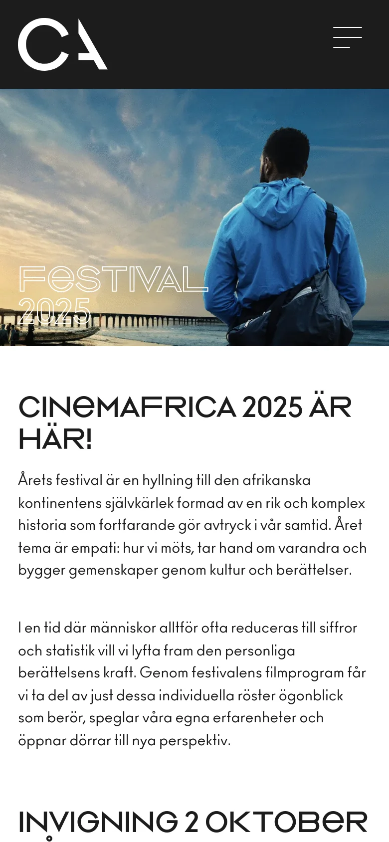 The mobile version maintains the same visual theme, starting with the hero image of the man overlooking the sea, but the text 'FESTIVAL 2025' is scaled to fit the narrower screen. The layout shifts to a single-column vertical scroll, presenting the festival information and headlines in a simplified, stacked format. The navigation is condensed into a hamburger menu icon in the top right corner against a dark header.