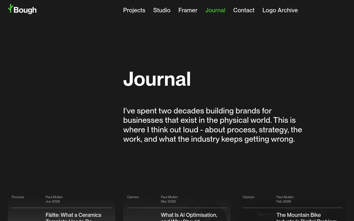 The Journal page features a dark minimalist layout with white text and a navigation menu at the top. A large 'Journal' headline is followed by an introductory paragraph, below which a grid of articles is displayed, each containing a category tag, author name, date, title, short description, and a large featured image.