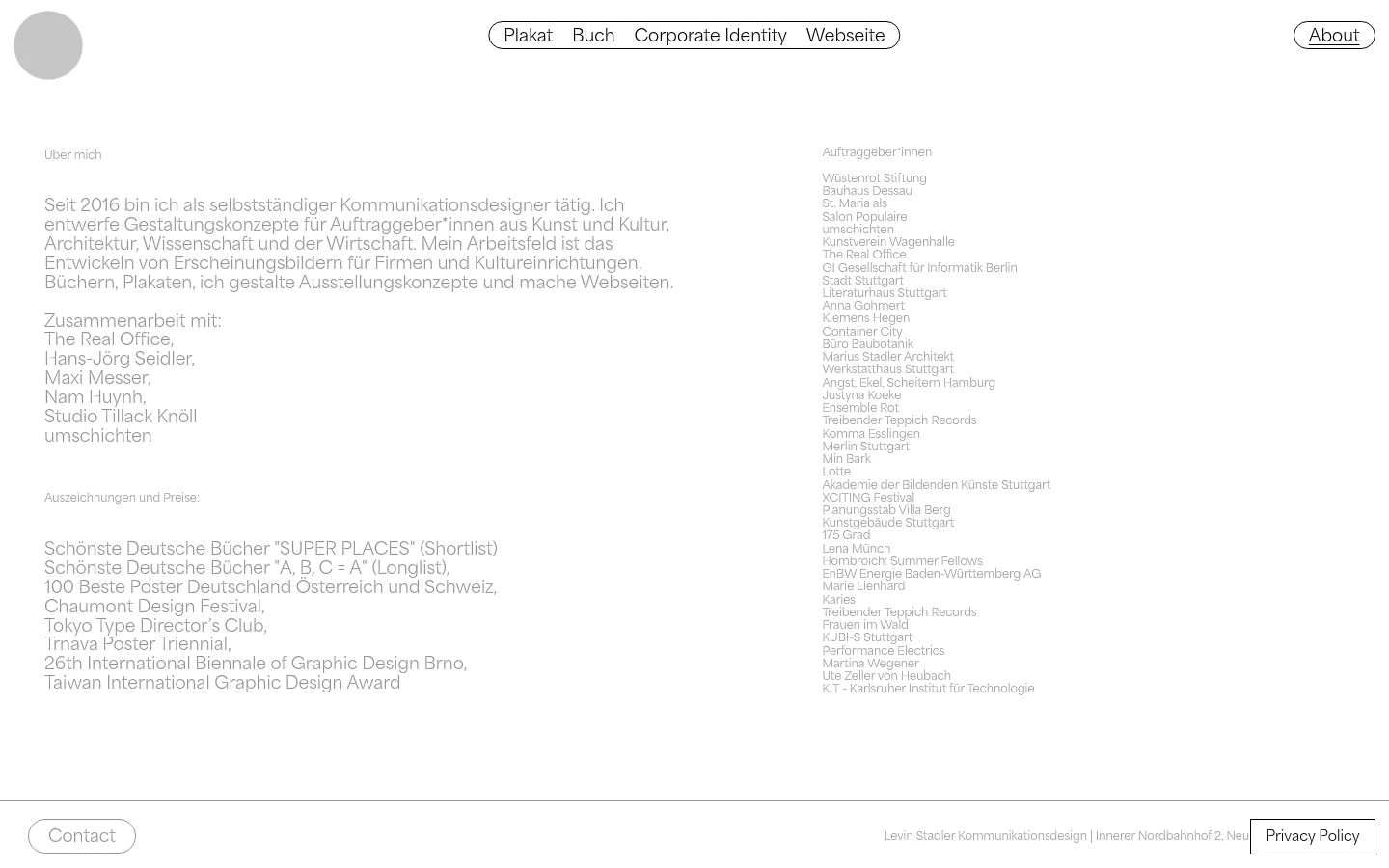 The desktop version features a minimalist design with a white background and dark gray text. The layout consists of a main content area on the left with a biography, collaborations, awards, and clients, while a secondary column on the right lists clients in a smaller font. A navigation bar at the bottom contains pill-shaped buttons for categories like 'Plakat' and 'Buch', along with 'About' and 'Contact' buttons.