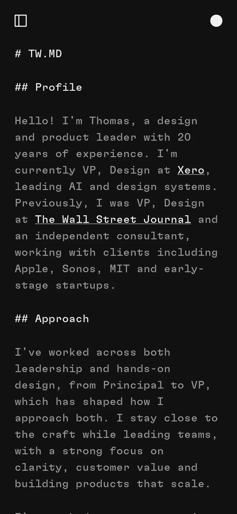 The mobile version maintains the minimalist dark theme and monospaced typography but uses a narrower single-column layout optimized for vertical scrolling. The text size is adjusted for readability on a small screen, and the navigation elements remain at the top.