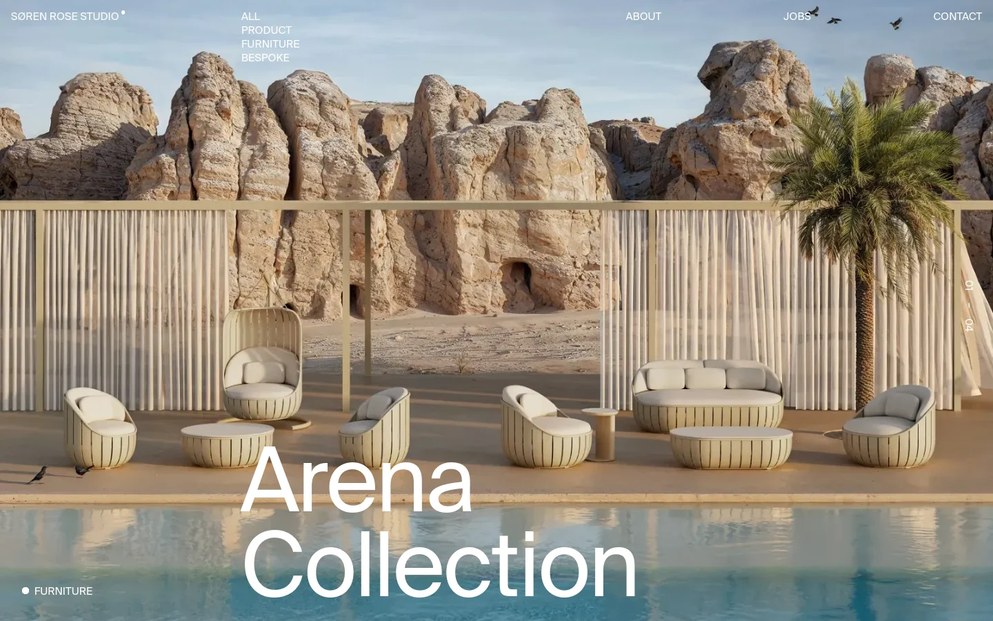 The desktop homepage features a full-width hero image of luxury outdoor furniture set against a desert landscape with rock formations and a pool. Large white typography reads 'Arena Collection' over the image, with a navigation menu at the top containing links like 'All', 'Product', 'About', and 'Contact'.