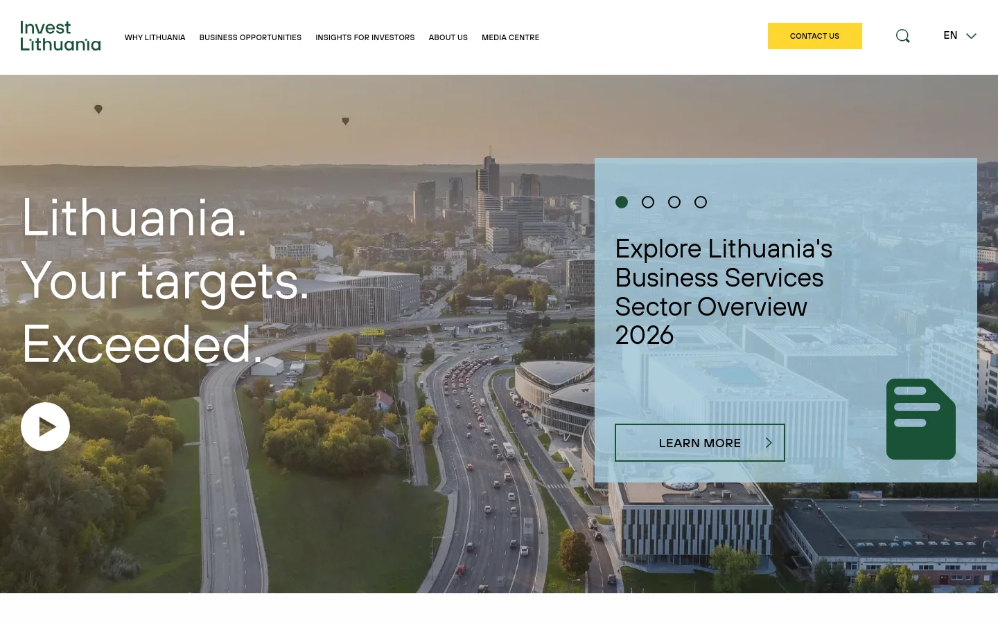 The desktop homepage features a large hero image of a cityscape with a highway, overlaid with the headline 'Lithuania. Your targets. Exceeded.' and a play button. A light blue overlay box on the right contains a carousel for industry reports, including a 'Learn More' call to action for the Business Services Sector Overview 2026. The navigation bar at the top includes the Invest Lithuania logo, menu links, a search icon, and a yellow 'Contact Us' button.