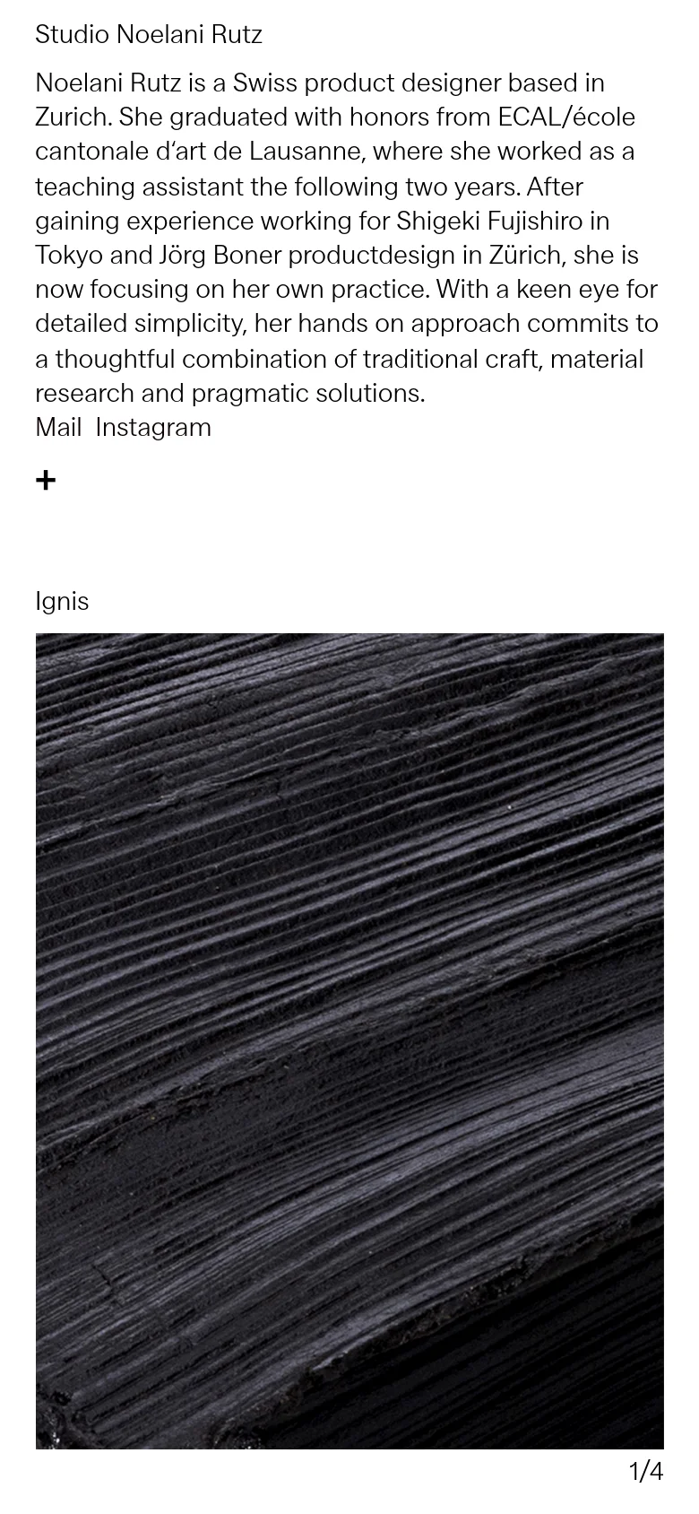 The mobile version presents a single-column vertical layout optimized for small screens. The biographical text appears at the top, followed by a large, full-width black and white textured image, with navigation links and contact options stacked vertically.