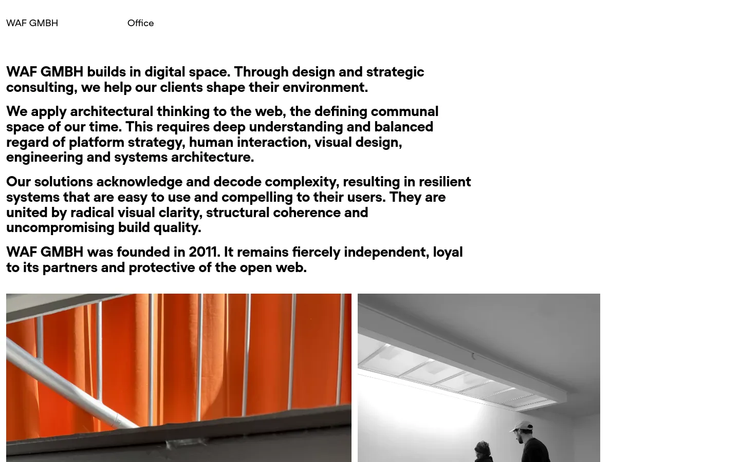 The desktop page features a minimalist design with bold black typography on a white background. It displays several paragraphs of text about WAF GMBH, followed by a two-column grid of images including a close-up of an orange metal staircase and a monochrome photo of a studio space. Contact information, team members, alumni, and client lists are organized in text columns below the imagery.