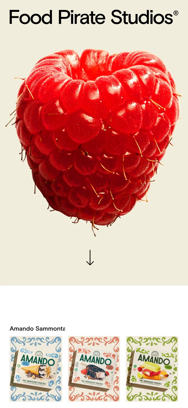 The mobile version maintains the minimalist cream aesthetic but scales the 'Food Pirate Studios' logo and the large raspberry hero image to fit a narrow vertical viewport. The content follows a single-column scrolling layout, displaying project titles and large, high-quality food photography thumbnails stacked vertically.