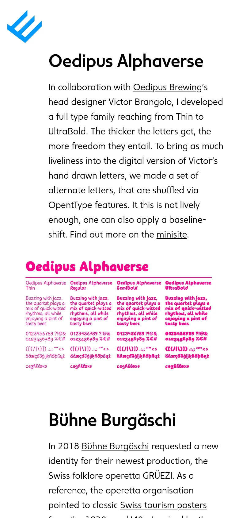 The mobile version presents a single-column vertical layout optimized for small screens. The sidebar menu is hidden, and the content flows linearly with large pink headings and typeface specimens stacked vertically for easy scrolling.