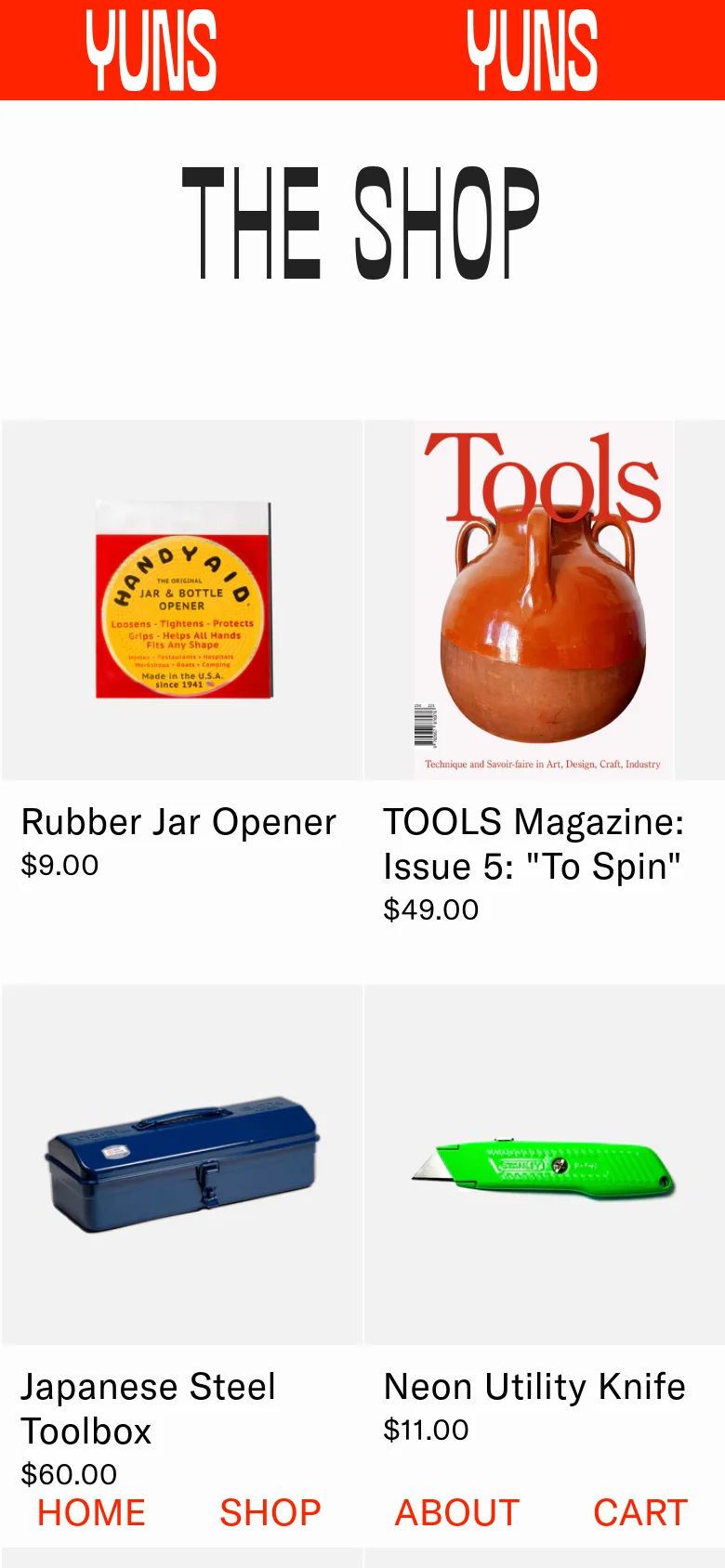 The mobile version presents a simplified single-column layout of the product grid, showing larger product images and text for easier scrolling. The top red banner and bottom navigation menu remain consistent with the desktop version, though the product display is vertically stacked to fit the narrower screen.
