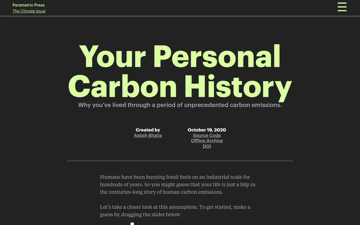 The desktop version of the Parametric Press website features a dark theme with large, bold light-green typography for the headline 'Your Personal Carbon History'. The layout is centered, displaying the title, a subtitle, author information, and introductory text below a horizontal divider line.