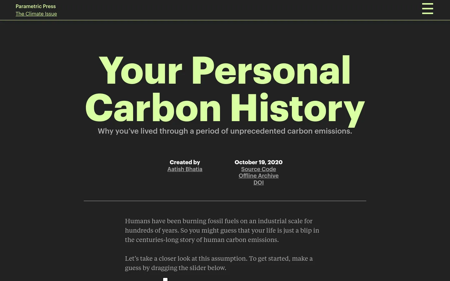 The desktop version of the Parametric Press website features a dark theme with large, bold light-green typography for the headline 'Your Personal Carbon History'. The layout is centered, displaying the title, a subtitle, author information, and introductory text below a horizontal divider line.