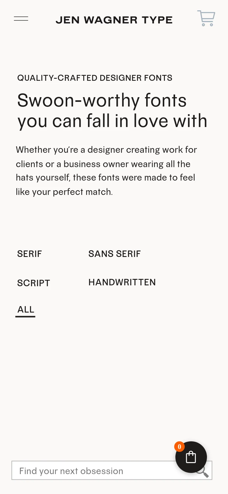 The mobile version displays a clean, white background with the headline and descriptive text stacked vertically. Font categories like Serif, Sans Serif, and Script are arranged in a two-column grid below the text, and a search bar with a shopping bag icon is located at the bottom.
