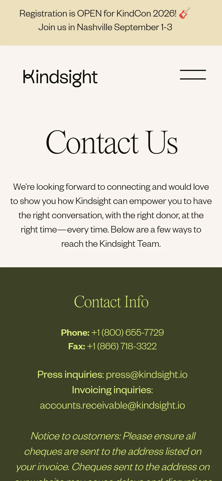 The mobile version simplifies the layout into a single vertical column on a light cream background. The 'Contact Us' headline and introductory text appear first, followed by the contact information section with a dark green background, and finally the contact form. The top registration banner remains visible at the top of the screen.