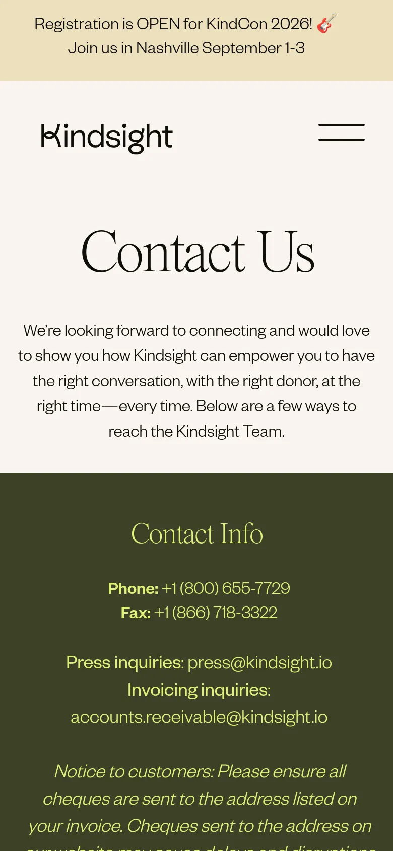 The mobile version simplifies the layout into a single vertical column on a light cream background. The 'Contact Us' headline and introductory text appear first, followed by the contact information section with a dark green background, and finally the contact form. The top registration banner remains visible at the top of the screen.