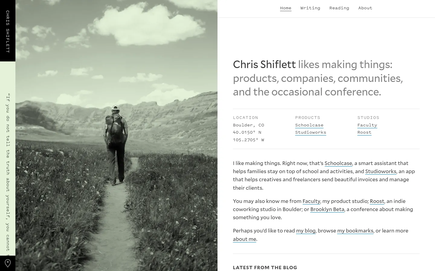 The desktop homepage features a split layout with a large, black-and-white landscape photograph of a person hiking on a mountain path on the left, and text content on the right. The right side includes a large headline, navigation links (Home, Writing, Reading, About), and categorized lists for Location, Products, and Studios in a clean, minimalist style with dark text on a white background.