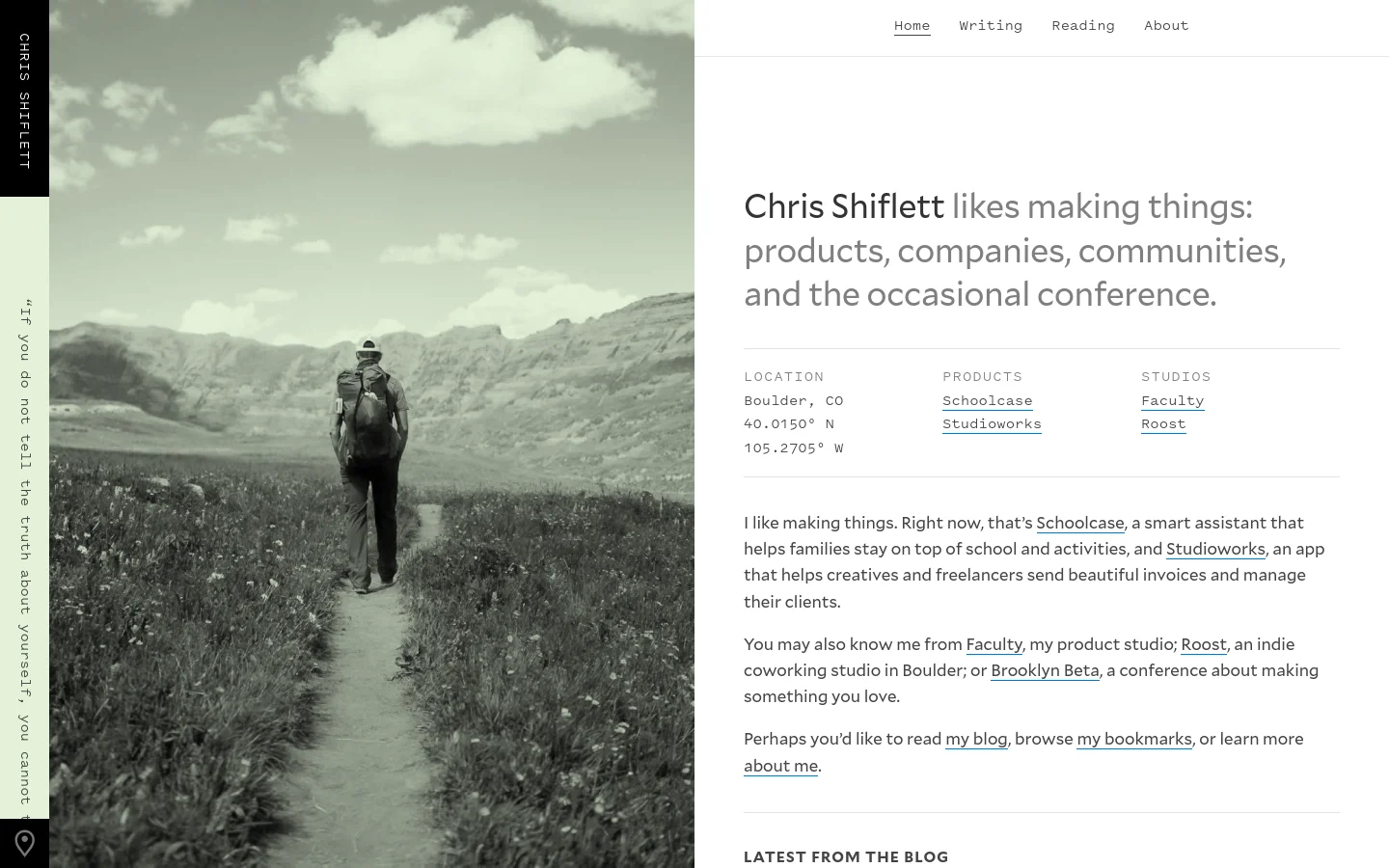 The desktop homepage features a split layout with a large, black-and-white landscape photograph of a person hiking on a mountain path on the left, and text content on the right. The right side includes a large headline, navigation links (Home, Writing, Reading, About), and categorized lists for Location, Products, and Studios in a clean, minimalist style with dark text on a white background.