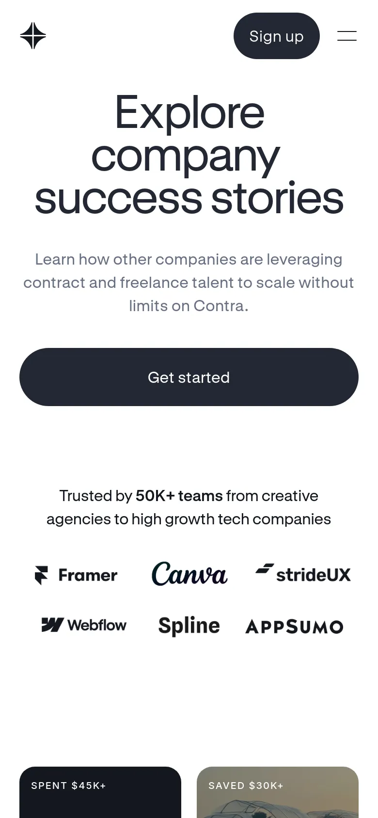 The mobile version presents a vertically stacked layout with the same centered headline, subheadline, and dark 'Get started' button. The company logo section is condensed, and the success story cards transition into a single-column vertical scroll for easier viewing on small screens.