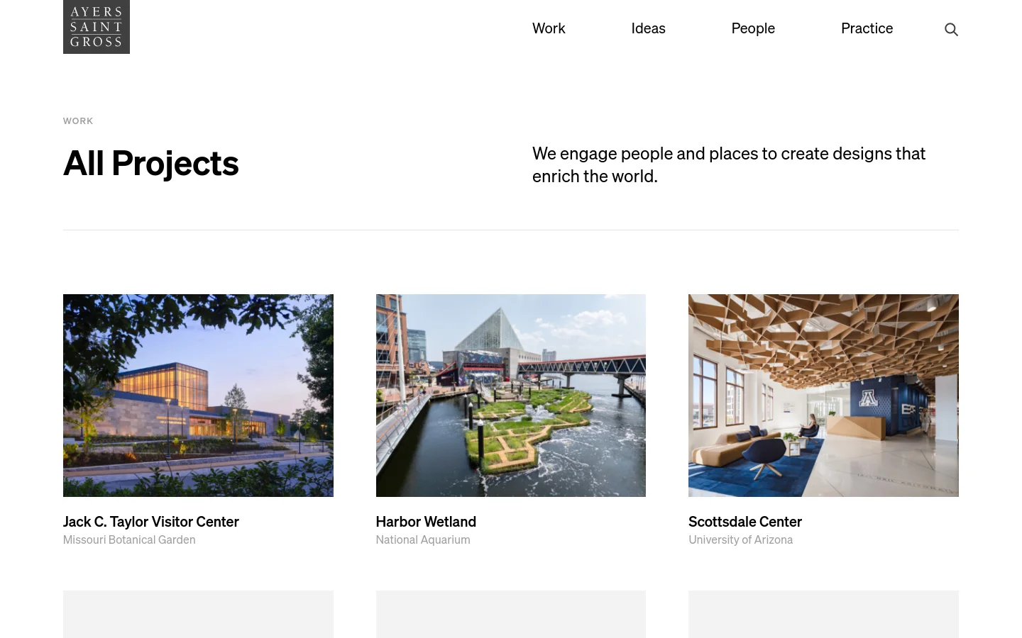 The desktop page features a clean, minimalist layout with a white background and black text. A large headline reads 'All Projects' next to a mission statement, followed by a grid of large, high-quality project photographs including the Jack C. Taylor Visitor Center and Harbor Wetland. Navigation links for Work, Ideas, People, and Practice are visible at the top right.