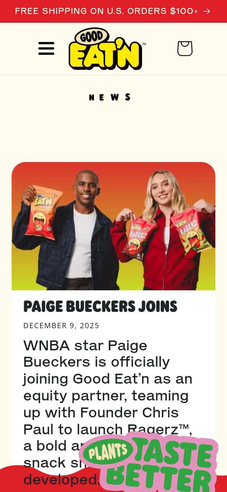 The mobile version presents a simplified layout with a hamburger menu and the Good Eat'n logo centered at the top. The 'NEWS' headline is followed by a single, large vertical news card featuring the same image of Chris Paul and Paige Bueckers, with the headline and text content stacked below the image for easy scrolling.