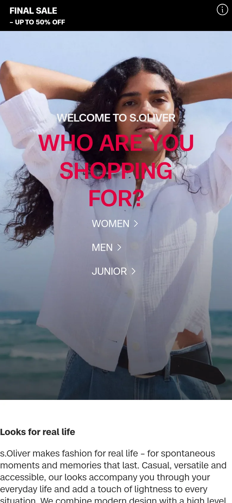 The mobile version presents a vertically stacked layout centered on a single hero image of a woman in a white shirt. The pink headline 'WHO ARE YOU SHOPPING FOR?' and navigation links for Women, Men, and Junior are centered vertically to fit the narrow screen, maintaining the black sale banner at the top.