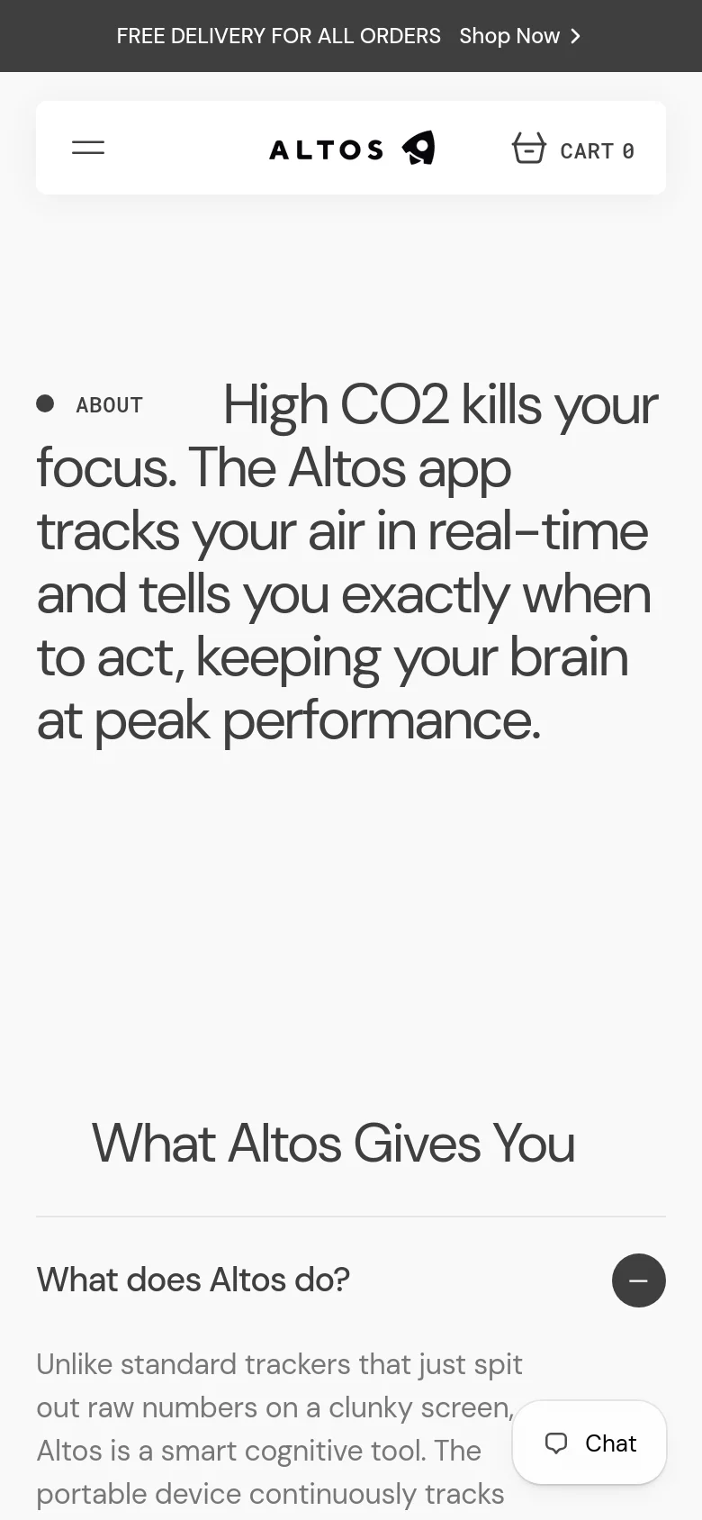 The mobile version presents a vertically stacked, single-column layout optimized for small screens. The navigation is condensed into a hamburger menu, and the large hero text and FAQ sections are scaled down to fit the width of the phone. A floating chat button is visible in the bottom right corner.