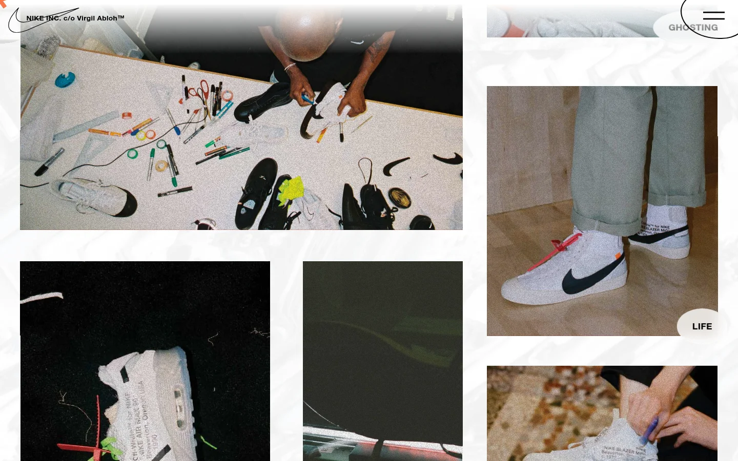 The desktop page features a minimalist, collage-style layout with a white background and scattered high-contrast photography. Large, bold typography displays words like 'REVEALING' and 'INNOVATE' alongside a grid of images showing design tools, sneakers, and hands working on footwear. Navigation links and a logo are positioned at the top, with a clean, asymmetrical aesthetic.