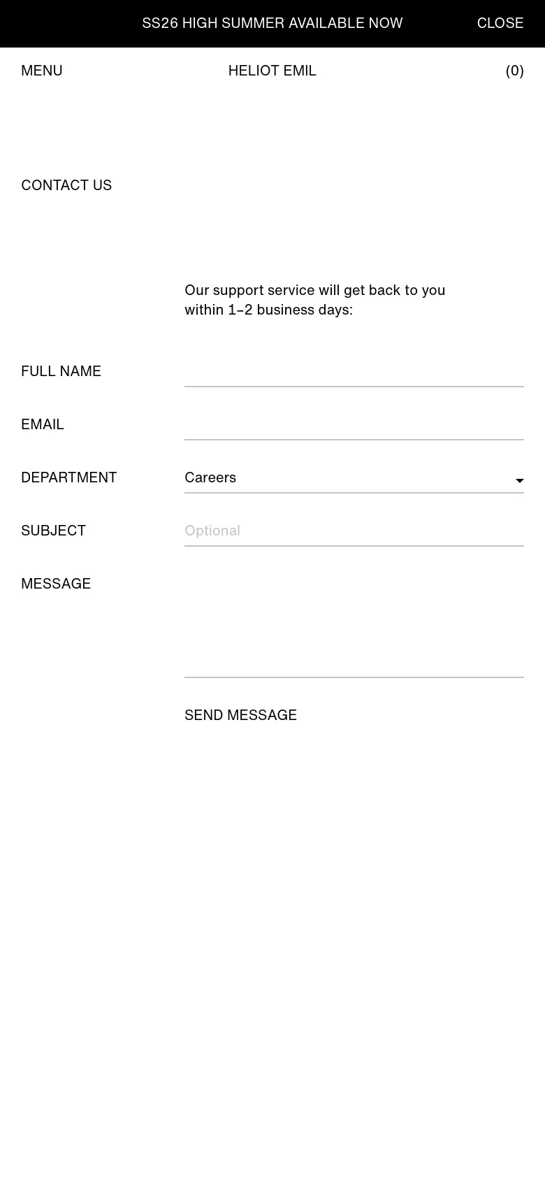 The mobile version maintains the minimalist white and black aesthetic but uses a vertical layout. The navigation is condensed into a 'MENU' button, and the contact form fields are stacked vertically to fit the narrow screen, spanning the width of the device.