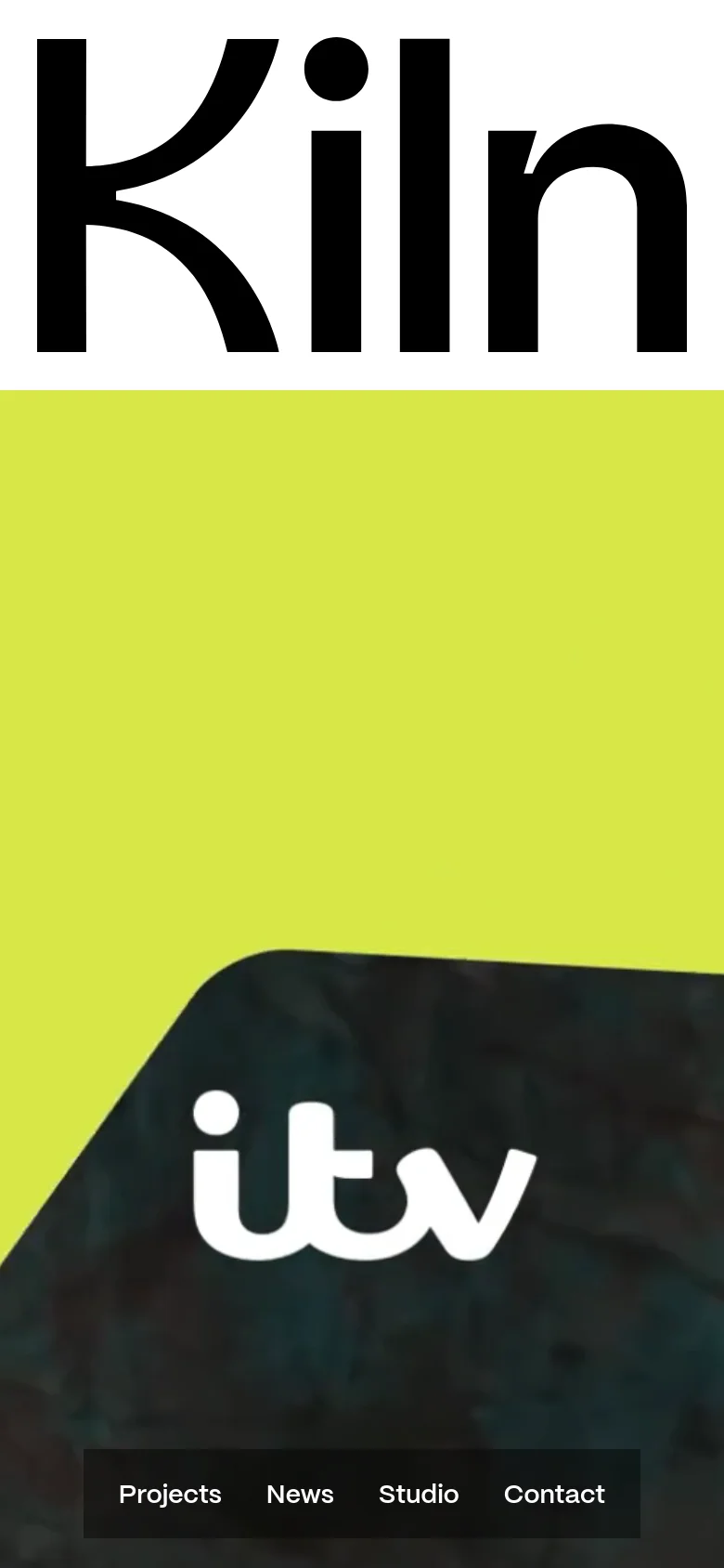 Mobile version of the Studio Kiln homepage with a simplified layout. The large black wordmark remains prominent at the top, while the navigation links are condensed into a small pill-shaped menu, and project content is stacked vertically for easier scrolling.