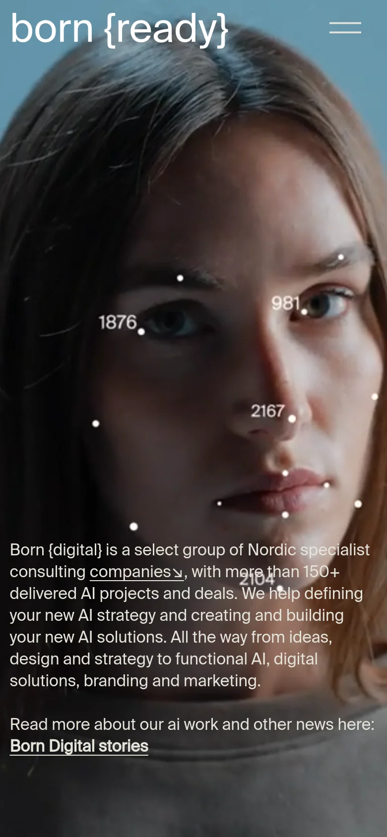 The mobile version maintains the same hero imagery of a person with a smartphone and the 'born {ready}' headline, but the layout is vertically compressed. The text content is centered or adjusted to fit the narrower screen, and the navigation menu is condensed into a simple hamburger icon at the top right.