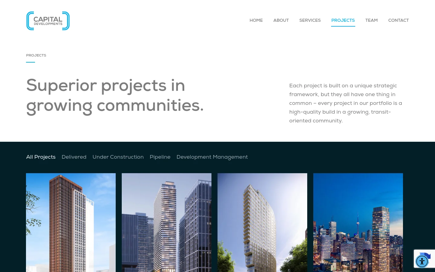 The desktop version features a clean white background with a large headline, 'Superior projects in growing communities,' and a brief descriptive paragraph to the right. Below a dark navigation bar containing project filters like 'All Projects' and 'Delivered,' a grid of high-resolution architectural renderings of various high-rise buildings is displayed.