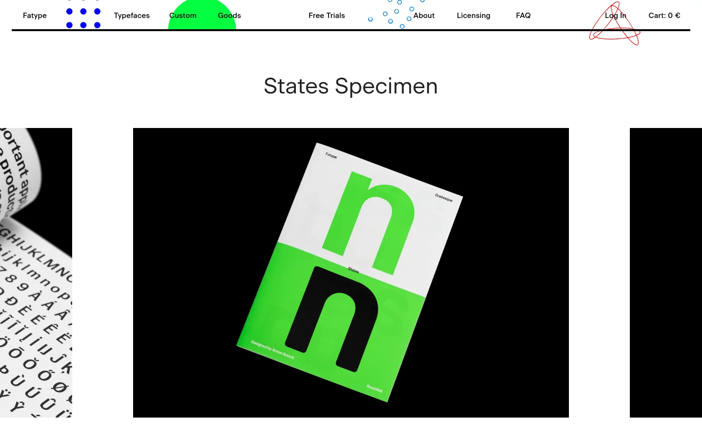 The desktop page features a minimalist white background with a navigation bar at the top containing links like Typefaces, Custom, and Goods. The main content displays the headline 'States Specimen' above a large, centered image of a tilted book cover with neon green and white sections. Below the image, technical details about the specimen are listed in black text next to a descriptive paragraph.