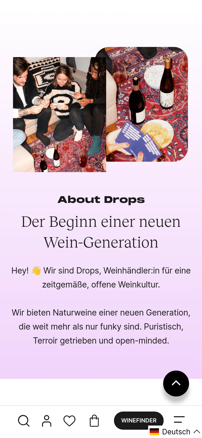 The mobile version stacks the content vertically, placing the large headline and introductory text above the two lifestyle images. The images are displayed in a larger, single-column format to fit the narrow screen. A black circular 'back to top' button and a bottom navigation bar with icons for search, profile, favorites, and cart are visible.