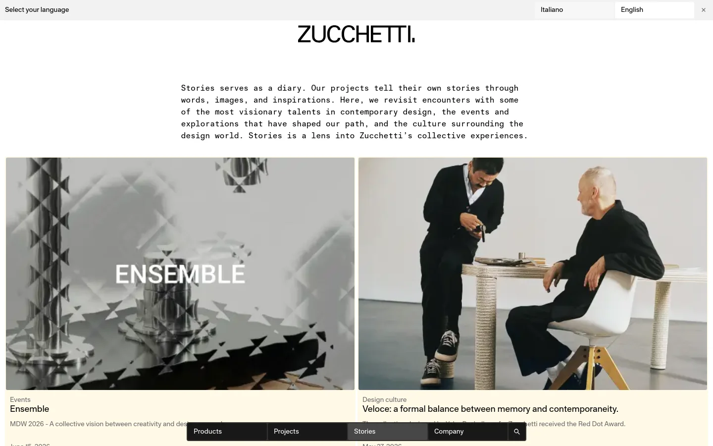 The desktop version of the Stories page features a minimalist white background with centered black text introducing the brand's diary. Below the text, a large grid layout displays high-quality, monochromatic lifestyle and design images paired with headlines, categories like 'Events' or 'Design culture', and brief descriptions. A dark navigation bar is anchored at the bottom of the screen.