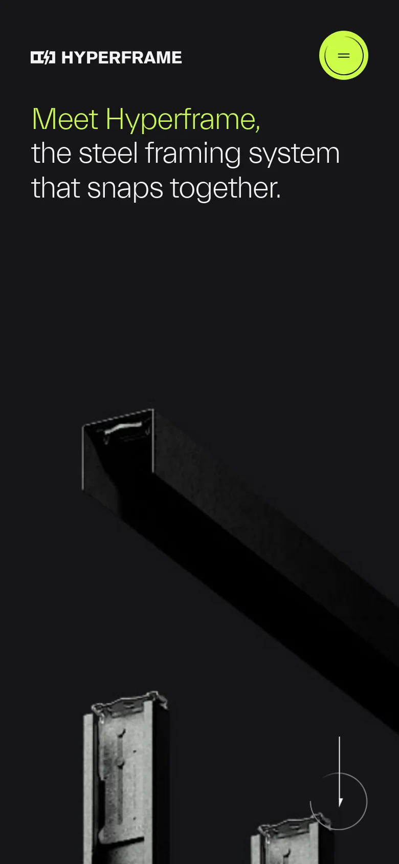 The mobile version maintains the dark theme and hero imagery but uses a simplified layout. The navigation menu is condensed into a circular lime-green hamburger menu icon in the top right, and the main headline is centered above the framing components.