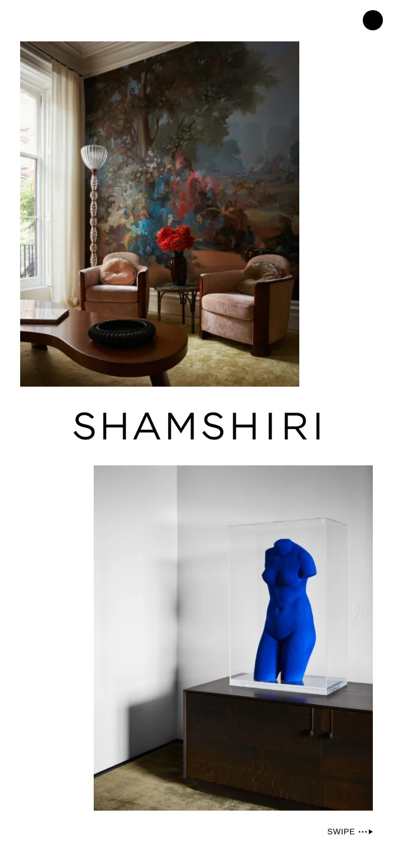 The mobile version presents a vertically stacked layout with the large interior photograph featuring the forest mural at the top. Below the image, the 'SHAMSHIRI' logo is centered in large black text, followed by the blue sculpture image and a 'SWIPE' call to action at the bottom.