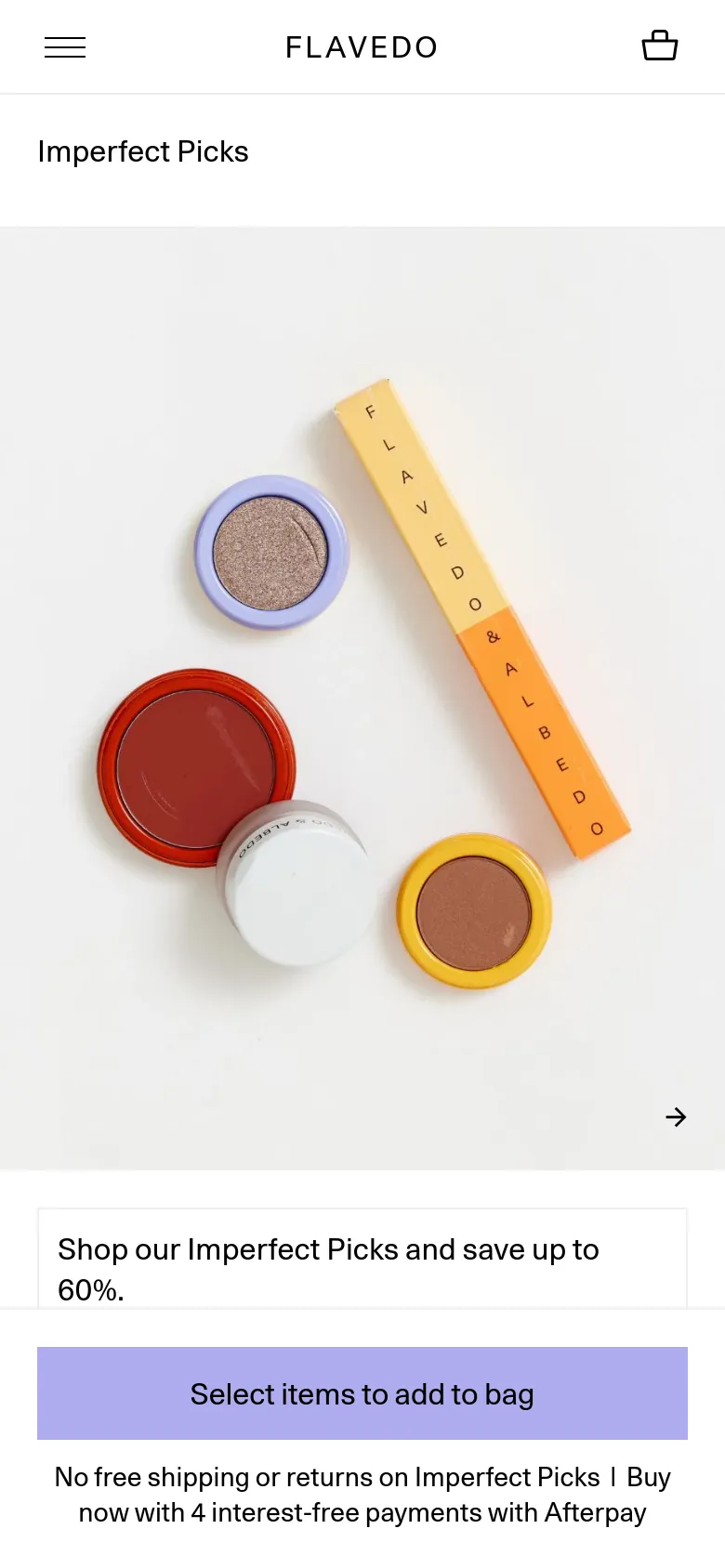 The mobile version uses a single-column vertical layout, prioritizing a large, full-width hero image of colorful makeup products at the top. Below the image, a text box describes the sale, followed by a prominent lavender 'Select items to add to bag' button that spans the width of the screen.