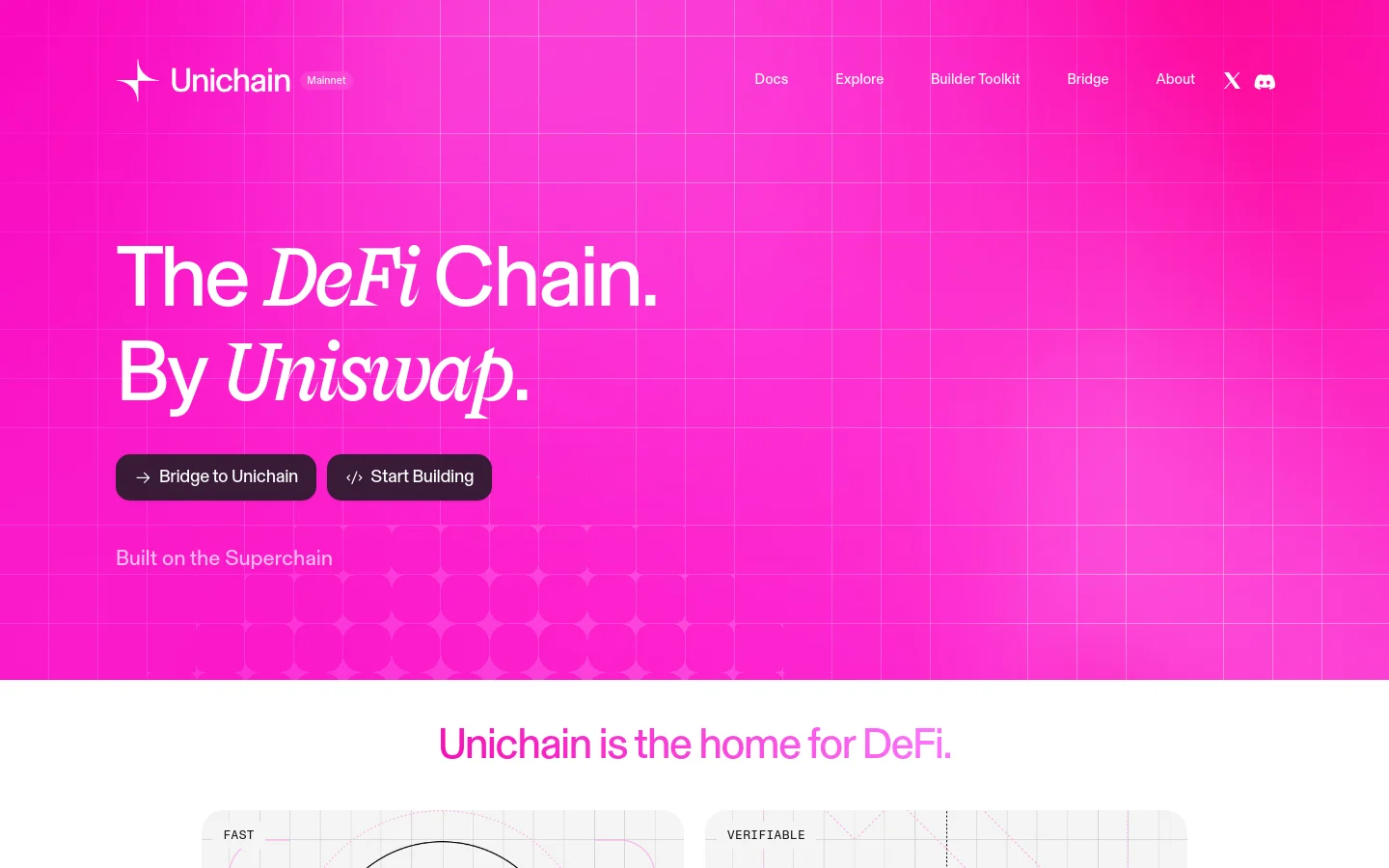 The Unichain homepage features a vibrant pink background with a subtle white grid pattern. The hero section displays the large headline 'The DeFi Chain. By Uniswap.' above two primary buttons: 'Bridge to Unichain' and 'Start Building.' A navigation menu is at the top, and the layout transitions into a feature section with icons and text describing speed, transparency, and efficiency.
