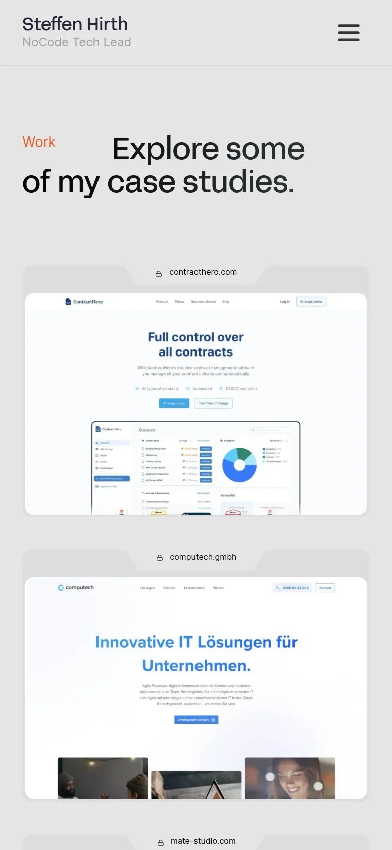 Mobile version of the Work page with a single-column layout. The large headline is centered at the top, and the project case study cards are stacked vertically for easier scrolling. The navigation is condensed into a hamburger menu icon in the top right corner.