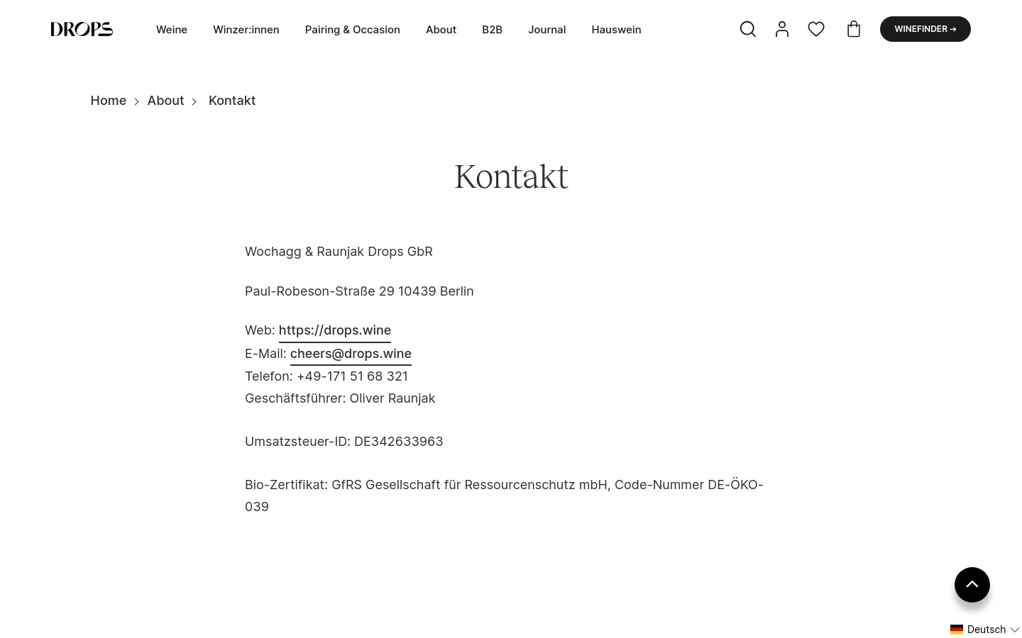 Drops Contact desktop website screenshot