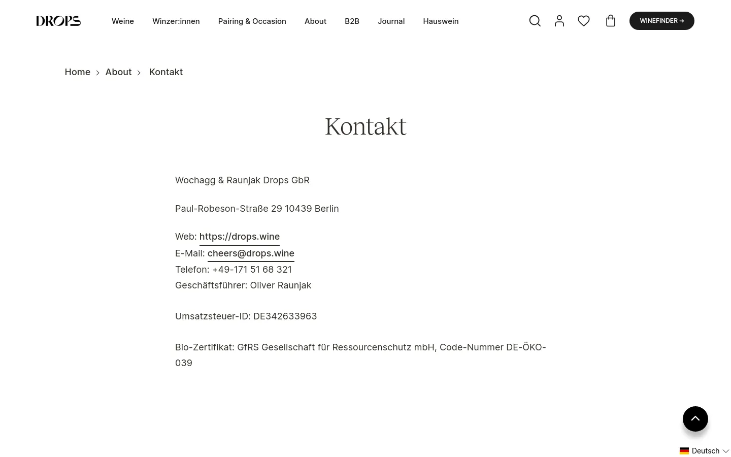Drops Contact desktop website screenshot