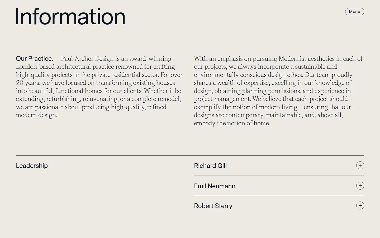 The desktop page features a minimalist design with a light grey background and large black typography. The layout uses two columns of text under the heading 'Information', followed by a 'Leadership' section where names like Richard Gill, Emil Neumann, and Robert Sterry are listed horizontally with plus icons for expansion.