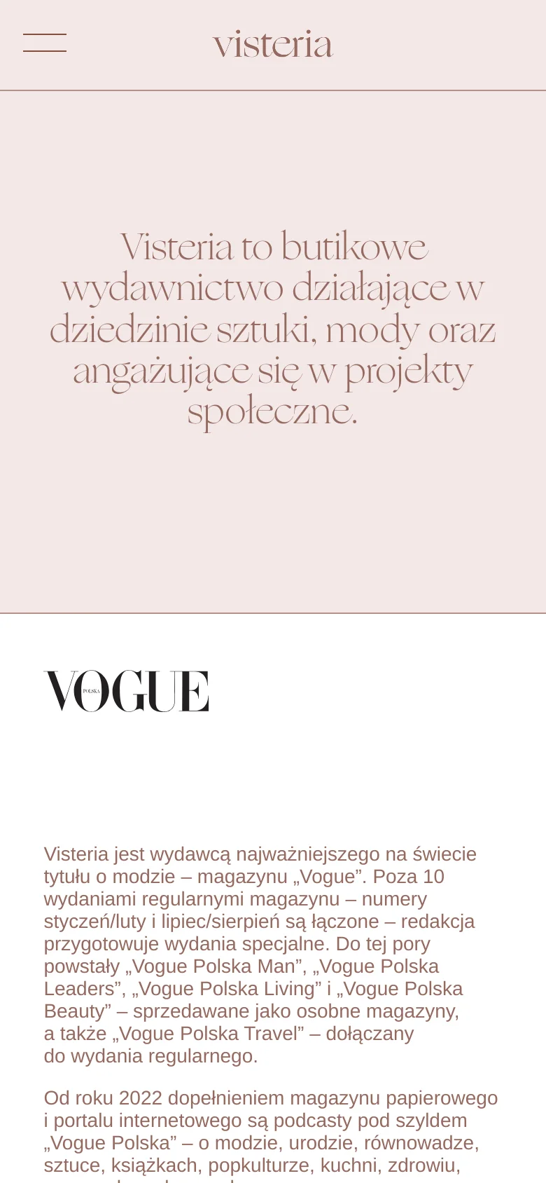 The mobile version uses a single-column vertical layout optimized for small screens. The hero text is centered and stacked, followed by the 'VOGUE' logo and descriptive text, with images appearing sequentially below the text rather than side-by-side.