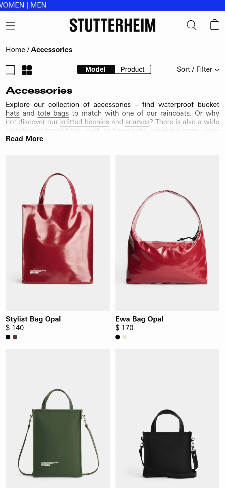 The mobile version presents a vertically stacked layout with a condensed header and navigation. The 'Accessories' heading and introductory text appear at the top, followed by a single-column or two-column product grid displaying bags like the Stylist Bag Opal and Ewa Bag Opal. Filtering and sorting options are simplified into dropdown menus to save space.