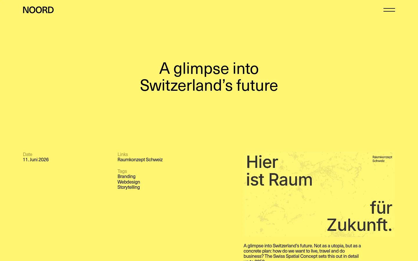 A journal article page with a bright yellow background and minimalist layout. The headline 'A glimpse into Switzerland’s future' is centered in large black text, positioned above a large graphic containing the text 'Hier ist Raum für Zukunft.' and a faint map of Switzerland. Metadata including date, links, and tags are arranged in columns on the left side of the page.