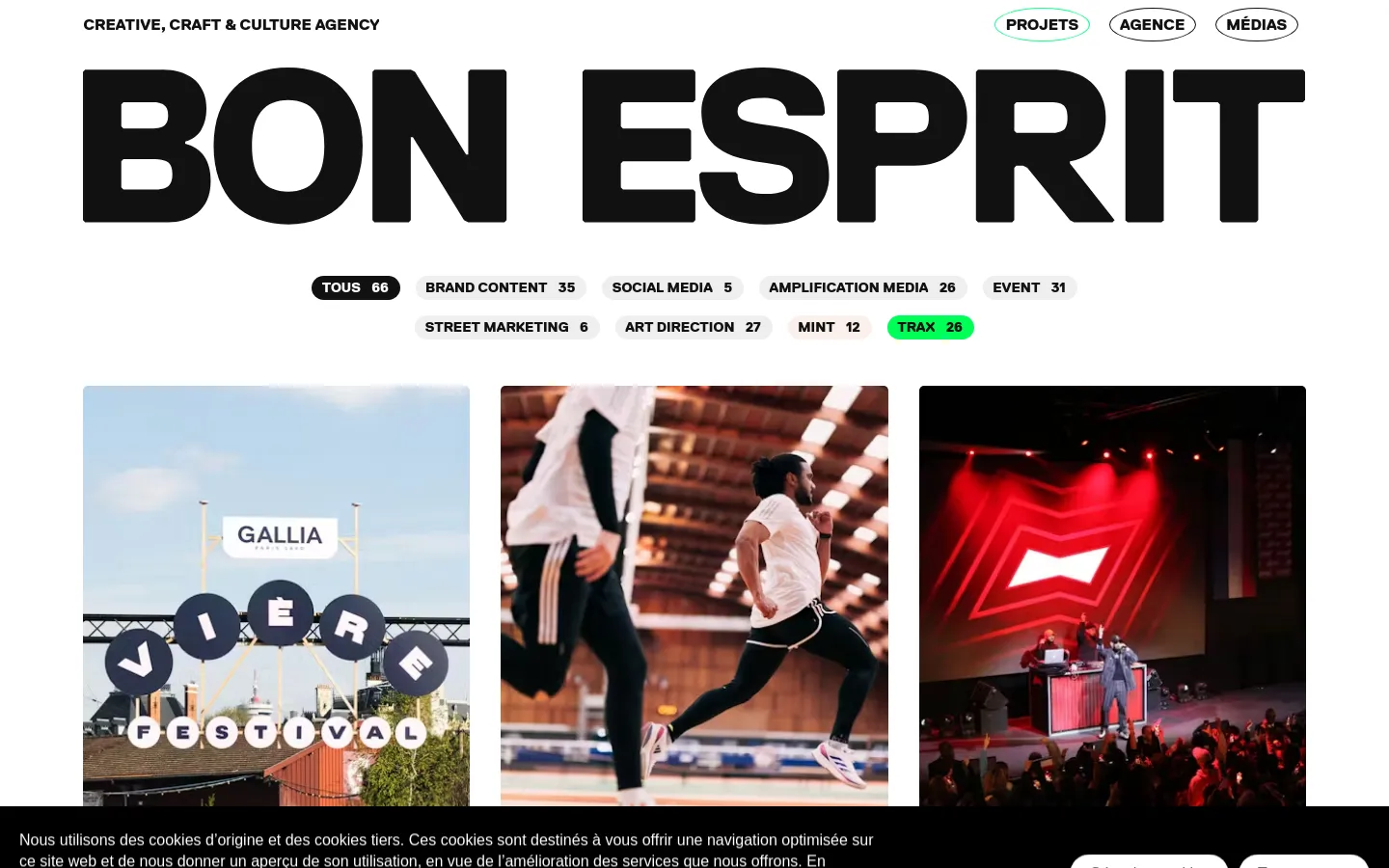 The desktop page features a minimalist white background with a large, bold black 'BON ESPRIT' logo at the top. Below the logo, a horizontal row of pill-shaped filter buttons allows users to sort projects by category. A grid of large, vertical project images follows, showcasing creative work like the Gallia Vière Festival.