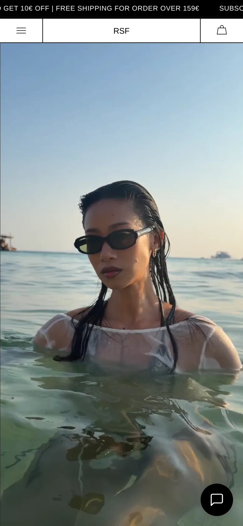 The mobile version presents a vertically oriented hero video of a woman in the ocean wearing sunglasses. The layout is simplified with a hamburger menu on the left, the RSF logo centered, and a shopping bag icon on the right. A promotional banner at the top highlights discounts and free shipping.