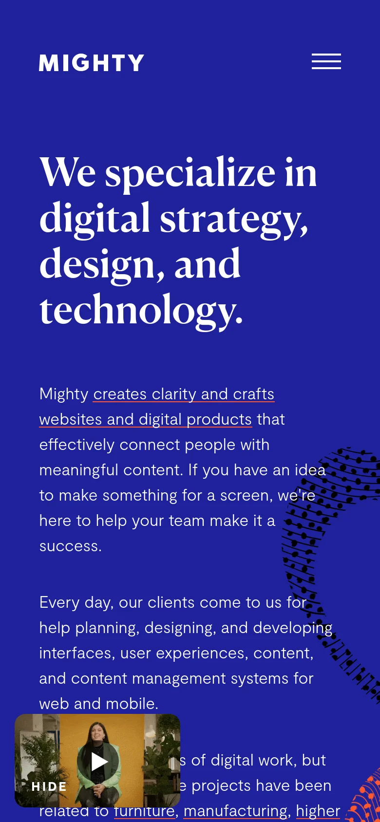 The mobile version maintains the deep blue background and large white headline but uses a condensed layout. The navigation menu is replaced by a hamburger icon at the top right, and the text content flows vertically, with the video thumbnail positioned at the bottom left.