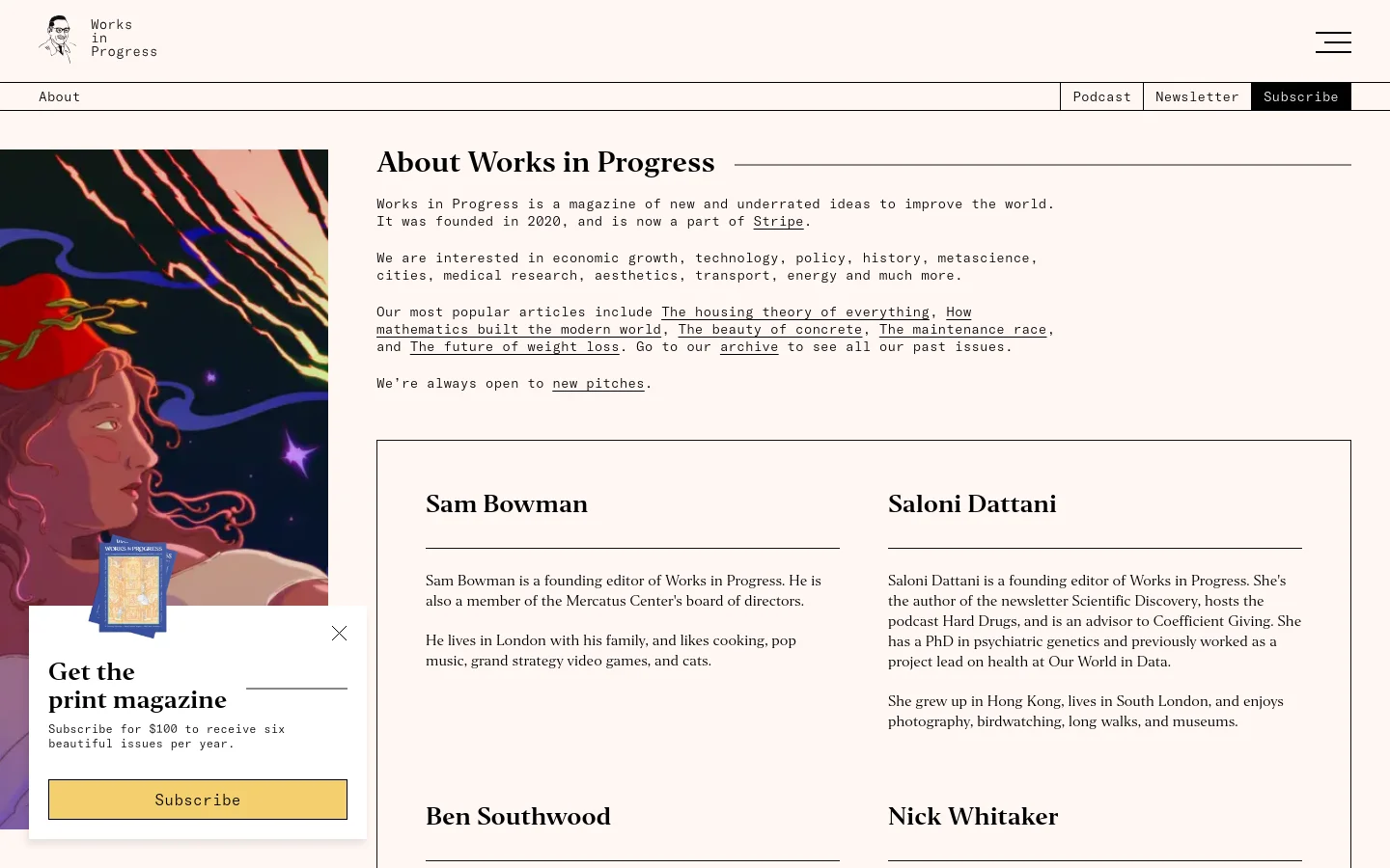 The desktop About page features a large hero image of a stylized, colorful cosmic scene on the left, with the magazine's mission statement and links to popular articles on the right. Below, the layout shifts to a multi-column grid showcasing bios for founding editors like Sam Bowman and Saloni Dattani. A prominent 'Get the print magazine' subscription pop-up appears in the bottom left corner against a white and cream background.